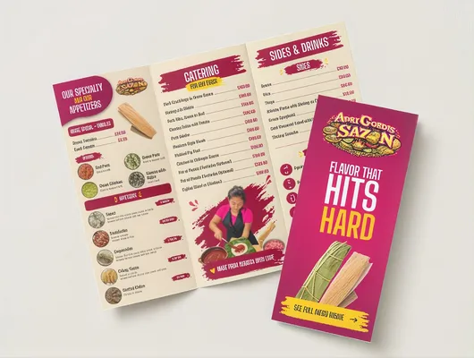 AdriGordis Sazon tri-fold brochure flat-lay mockup